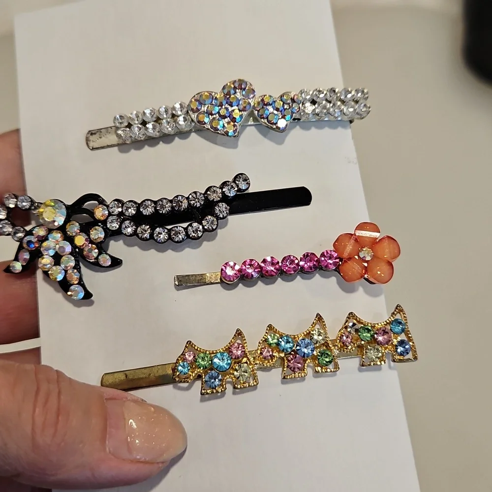 4 Piece Lot Multicolor Rhinestone hair pins Bow Flower Scottie Designs Cute - Picture 2 of 5